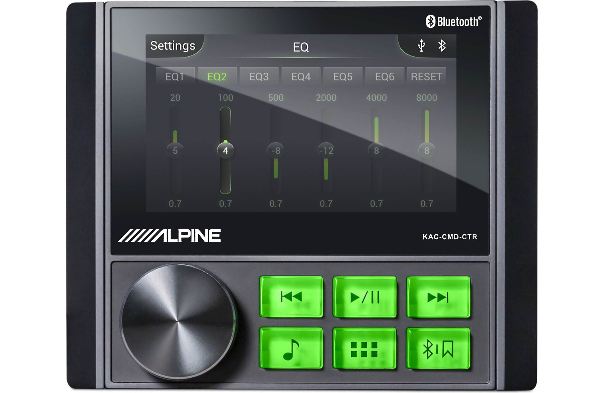 Alpine audio control unit with EQ settings and Bluetooth connectivity