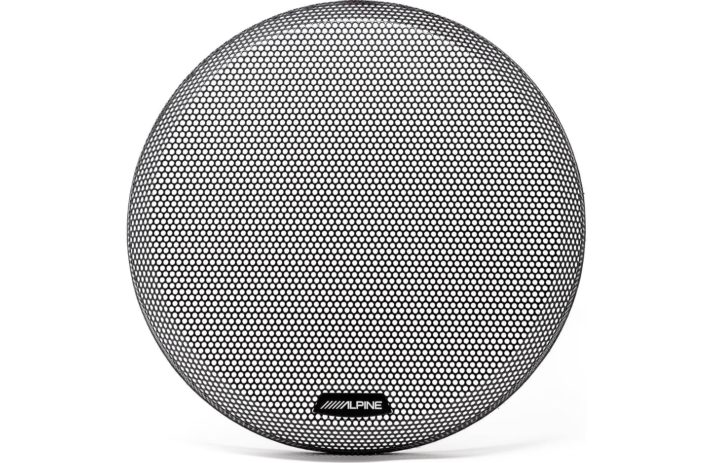 Round black speaker with a textured surface