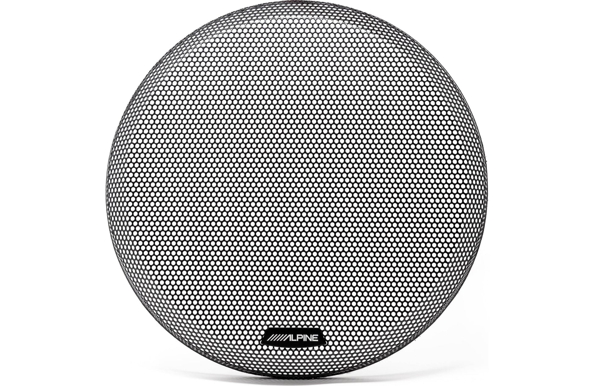 Round black speaker with a textured surface