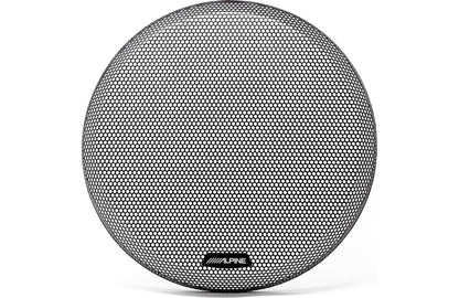 Round black speaker with a textured surface