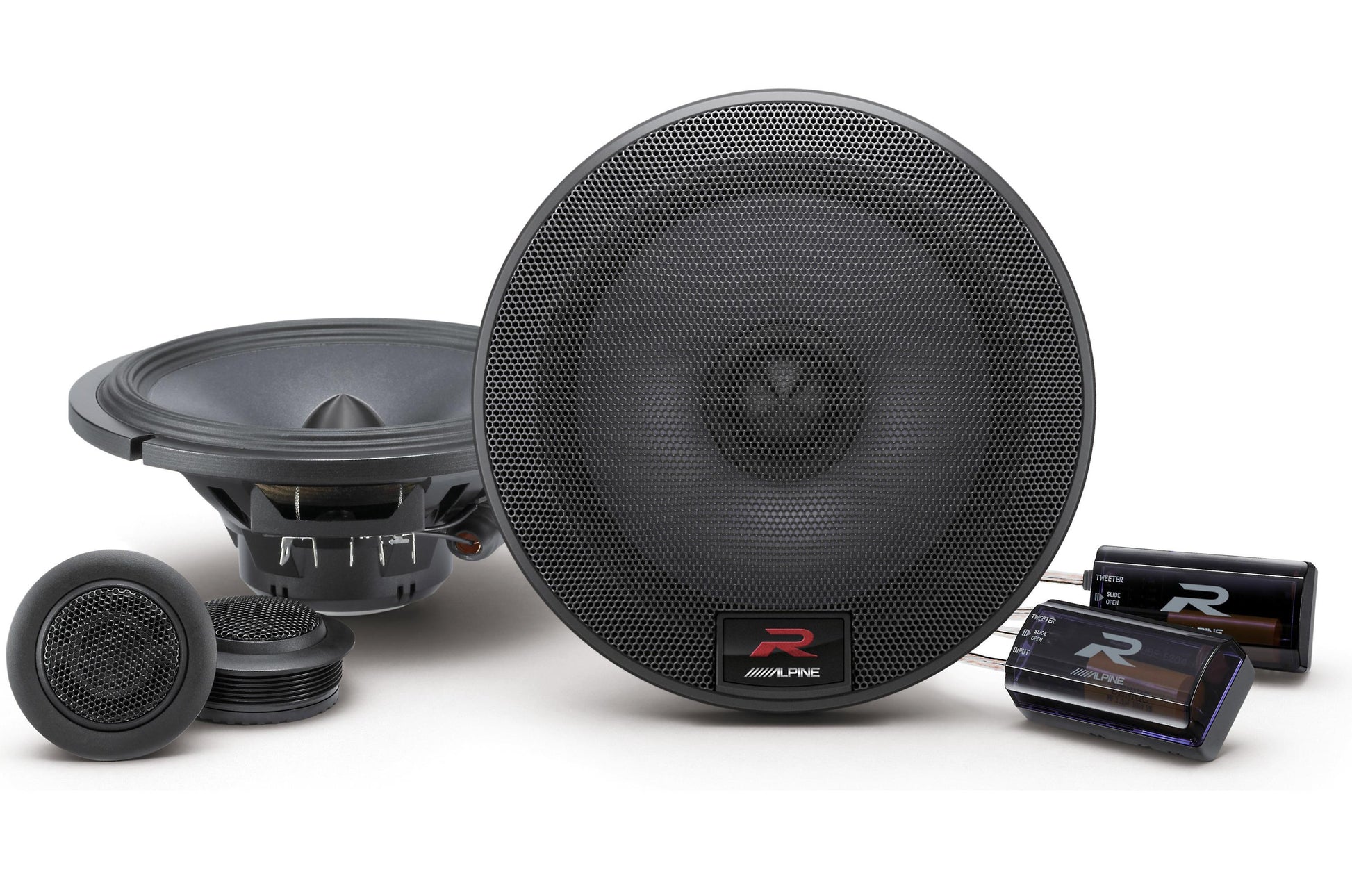 Car speakers with a brand logo on a white background