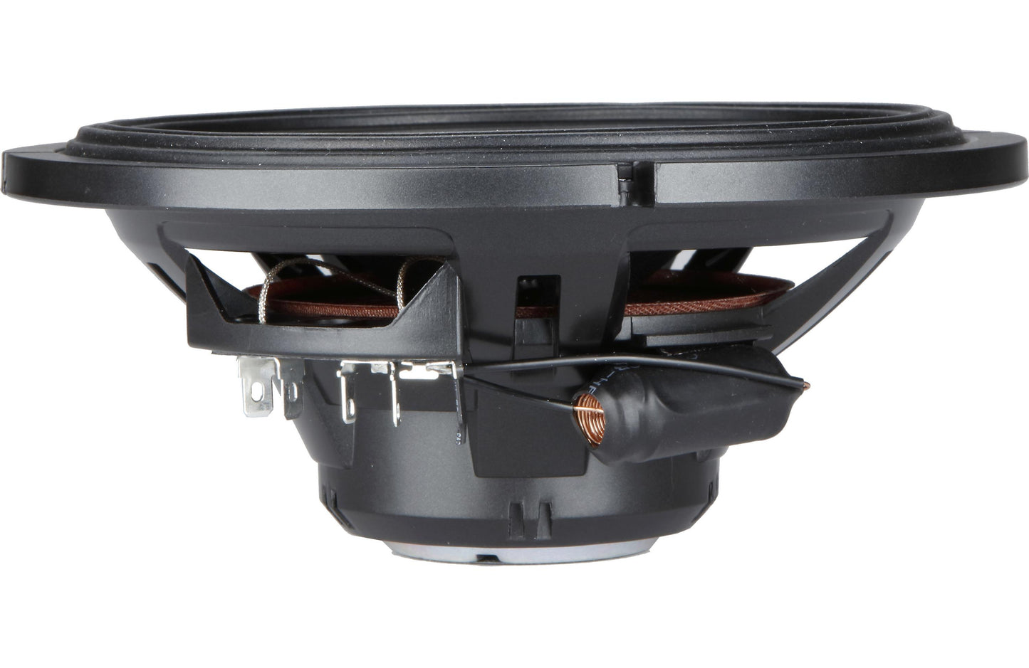 Speaker cone with voice coil and surrounding components on a white background