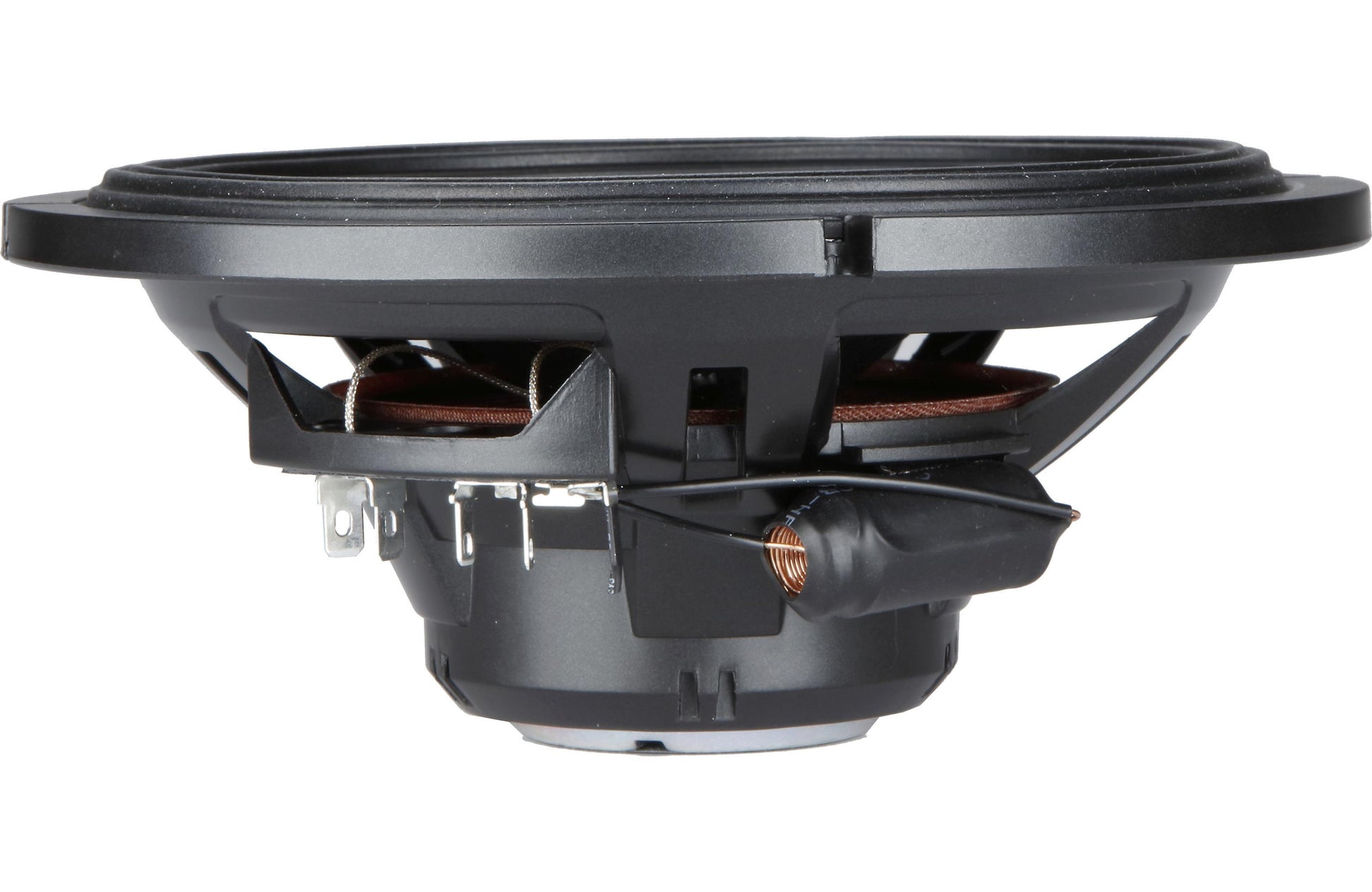 Speaker cone with voice coil and surrounding components on a white background