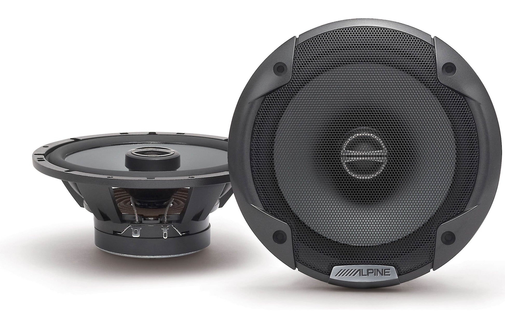 Two car speakers with an Alpine logo on a white background