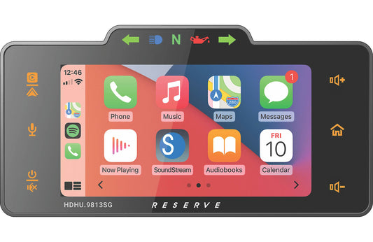 Car dashboard display with app icons and 'SoundStream' branding