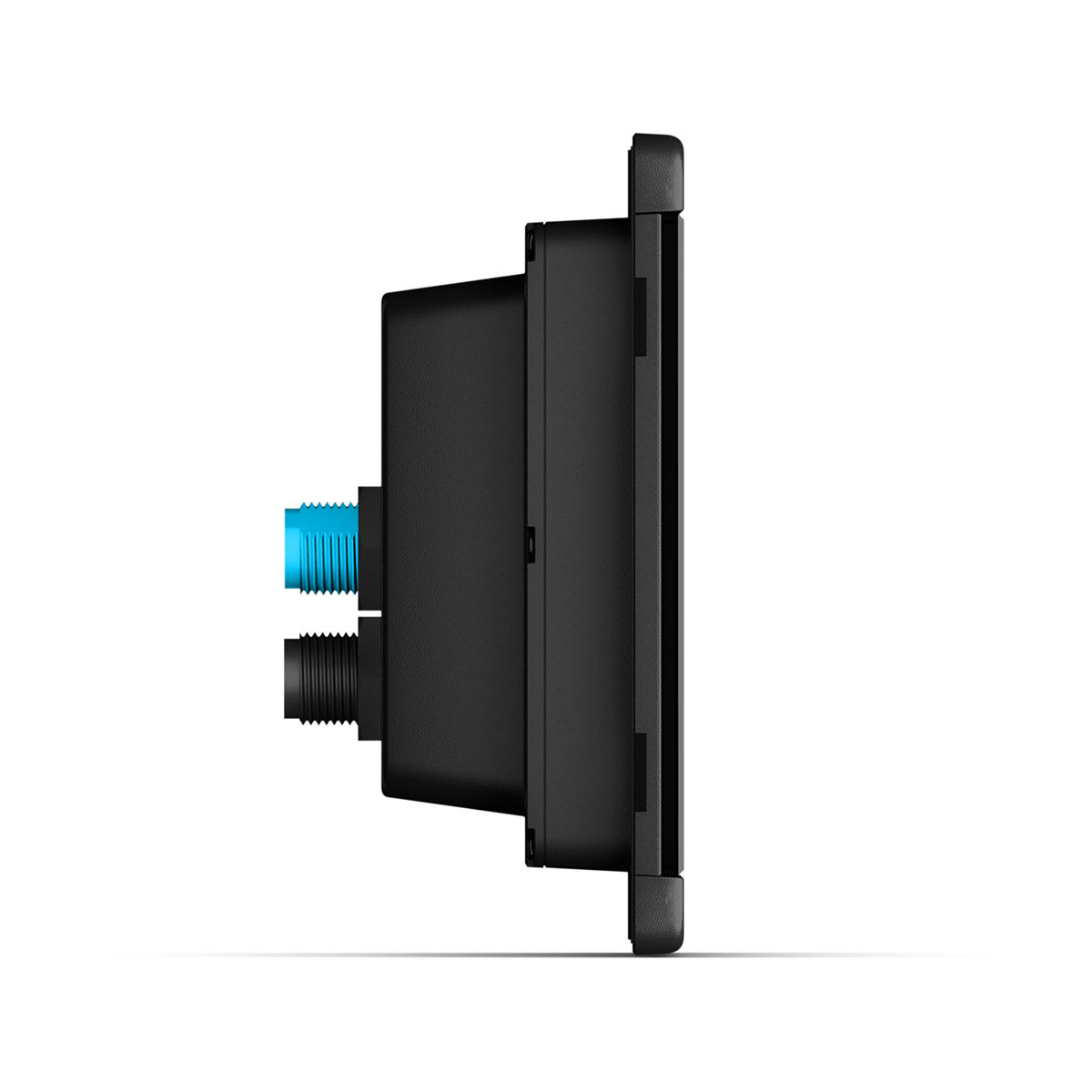 Black electronic device with blue and black connectors on a white background