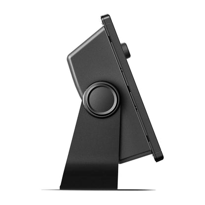 Black phone stand with a phone