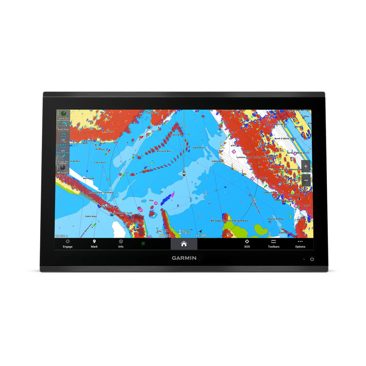 Garmin marine navigation display with colorful map