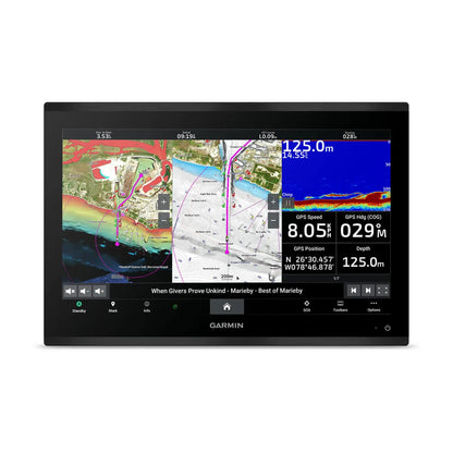 Garmin marine navigation display with map and sonar