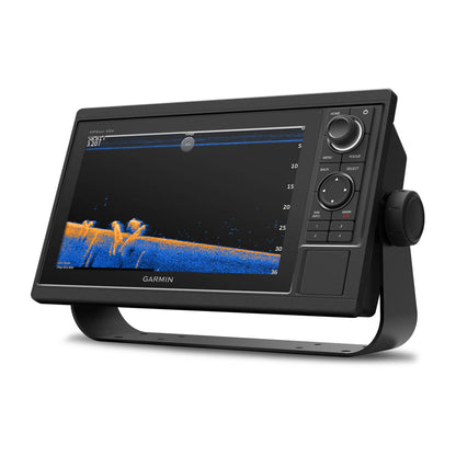 Garmin fishfinder with screen displaying sonar data