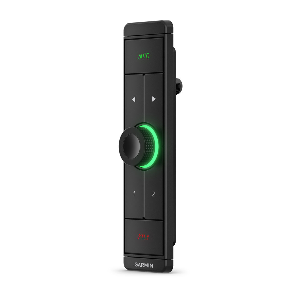 Black remote control with green and red indicators on a white background, featuring