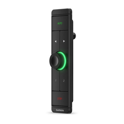 Black remote control with green and red indicators on a white background, featuring
