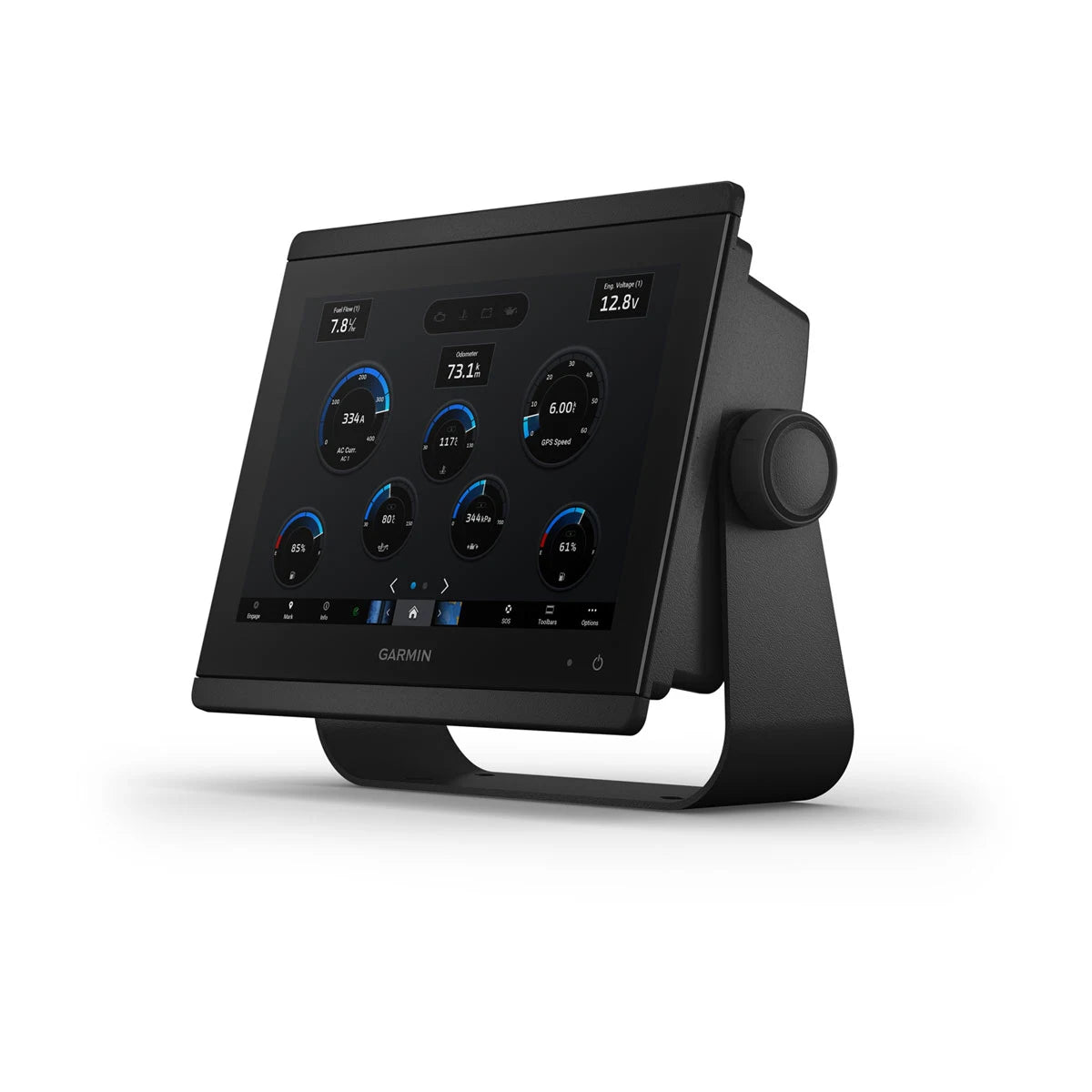 Garmin marine display with control knob on a white background