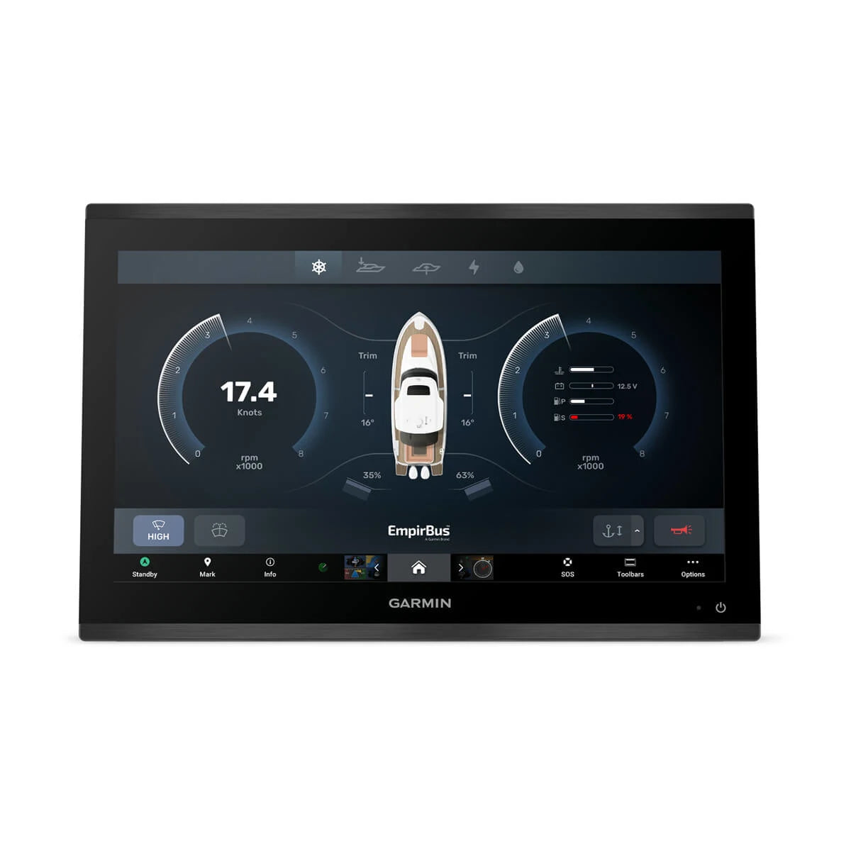 Garmin marine display with touchscreen interface on a white background