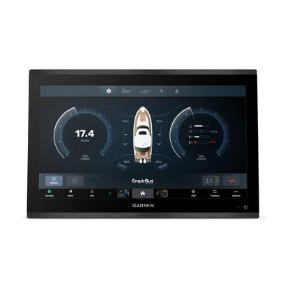 Garmin marine display with touchscreen interface on a white background
