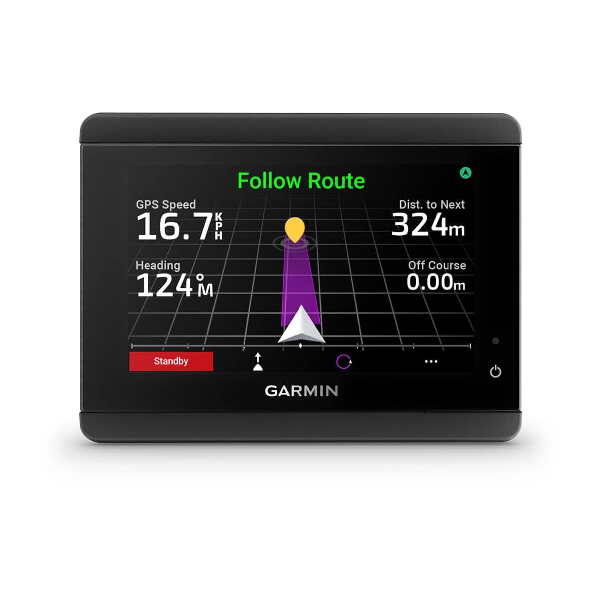 Garmin GPS device displaying navigation information on a white background