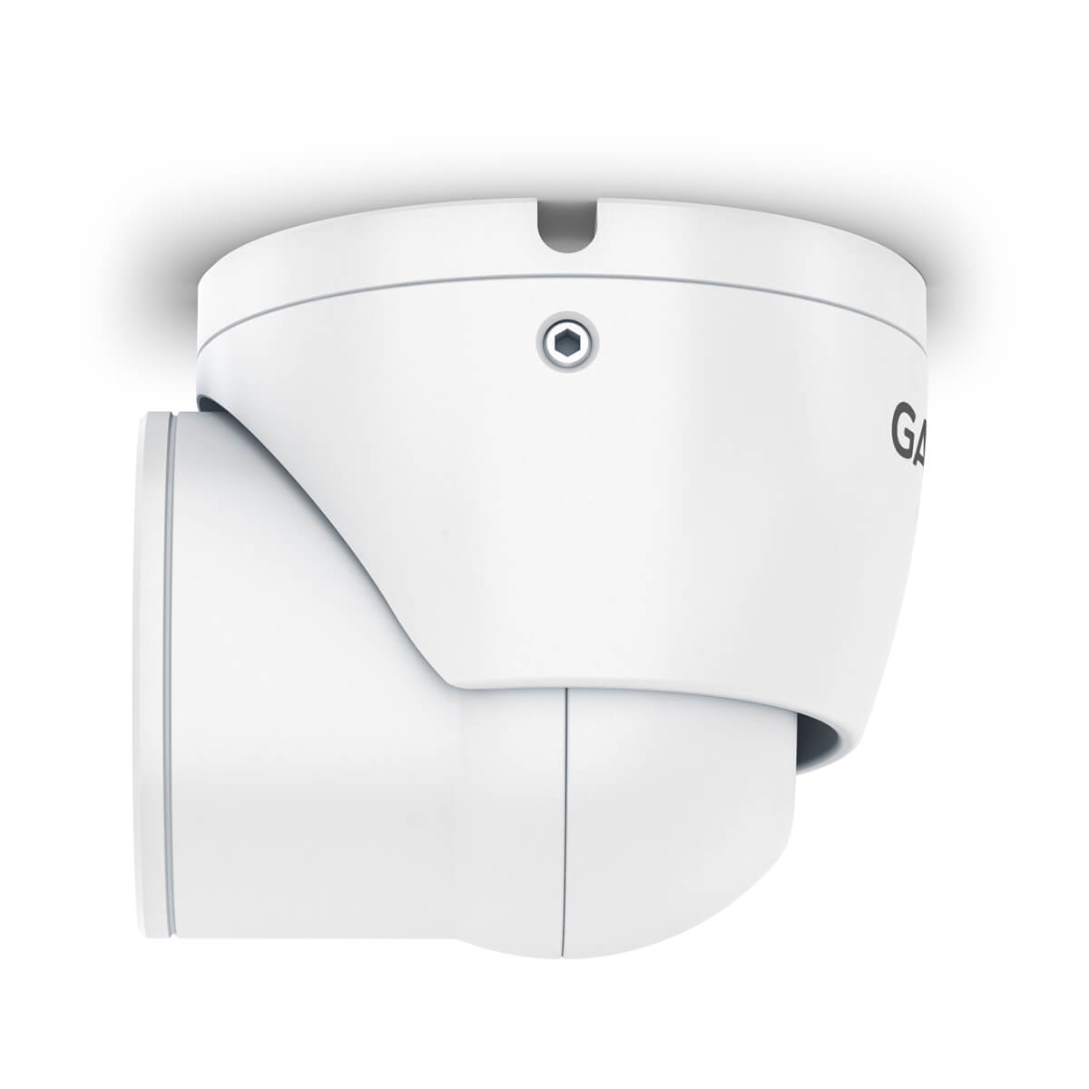 White bullet camera (angled with lens and antenna)