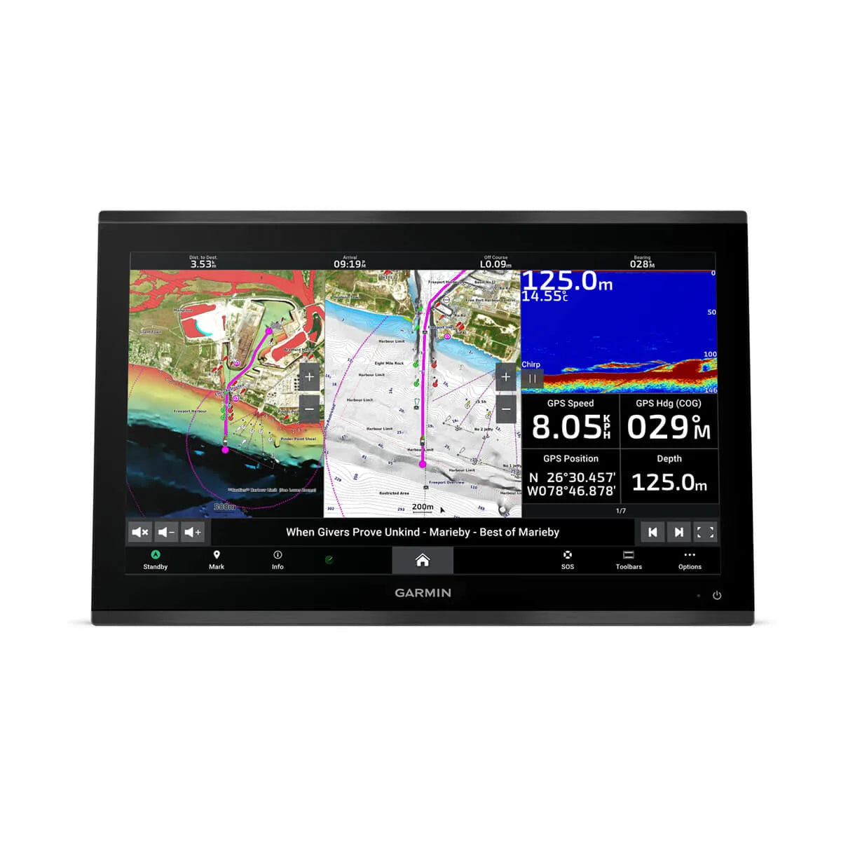 Garmin marine navigation display with map and data