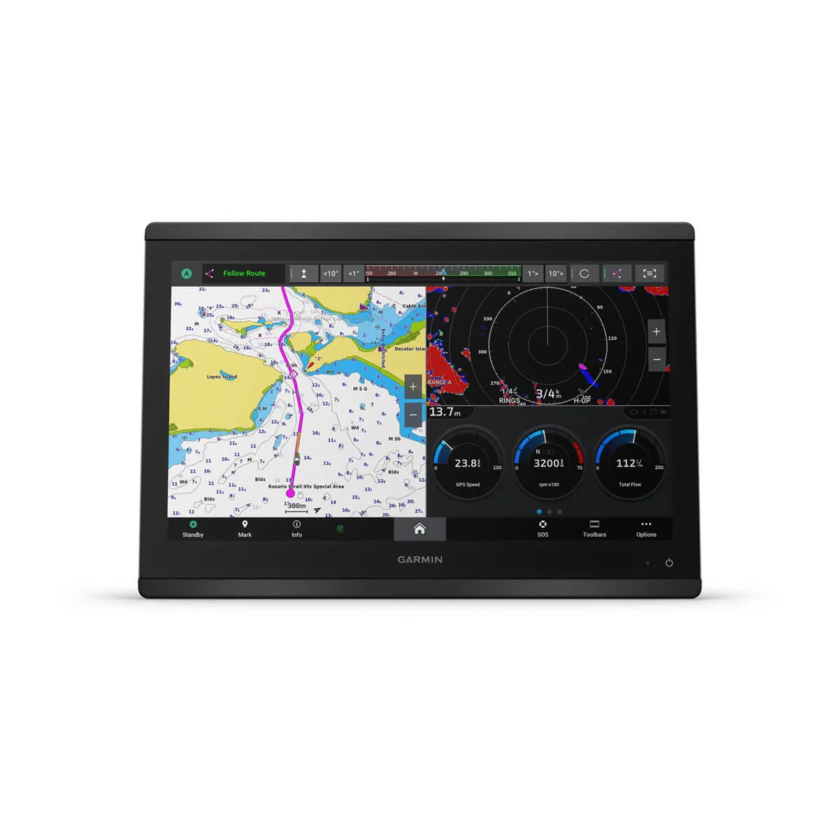 Garmin marine navigation display with map and radar