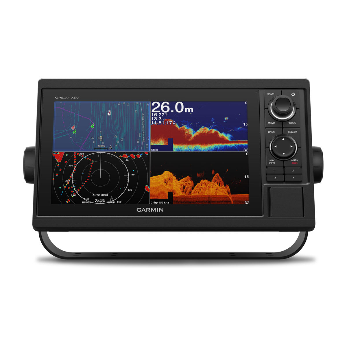 Garmin marine display with screen showing radar and sonar data