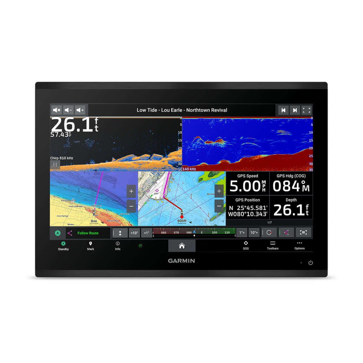 Garmin marine navigation display with screen showing map and data on a white background