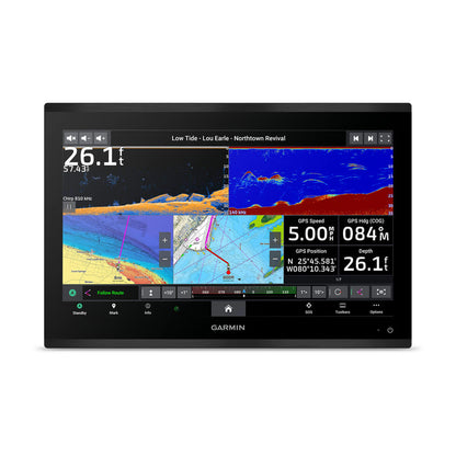 Garmin marine navigation display with screen showing map and data on a white background