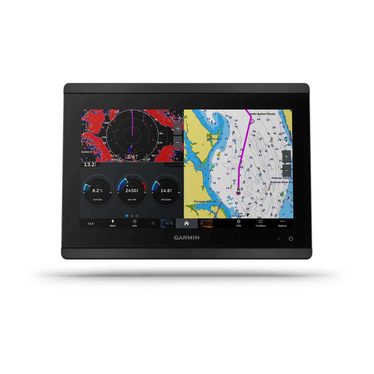 Garmin marine navigation display with screen showing maps and gauges