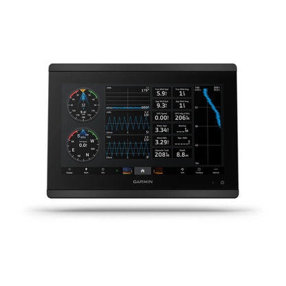 Garmin marine display with various gauges and screens