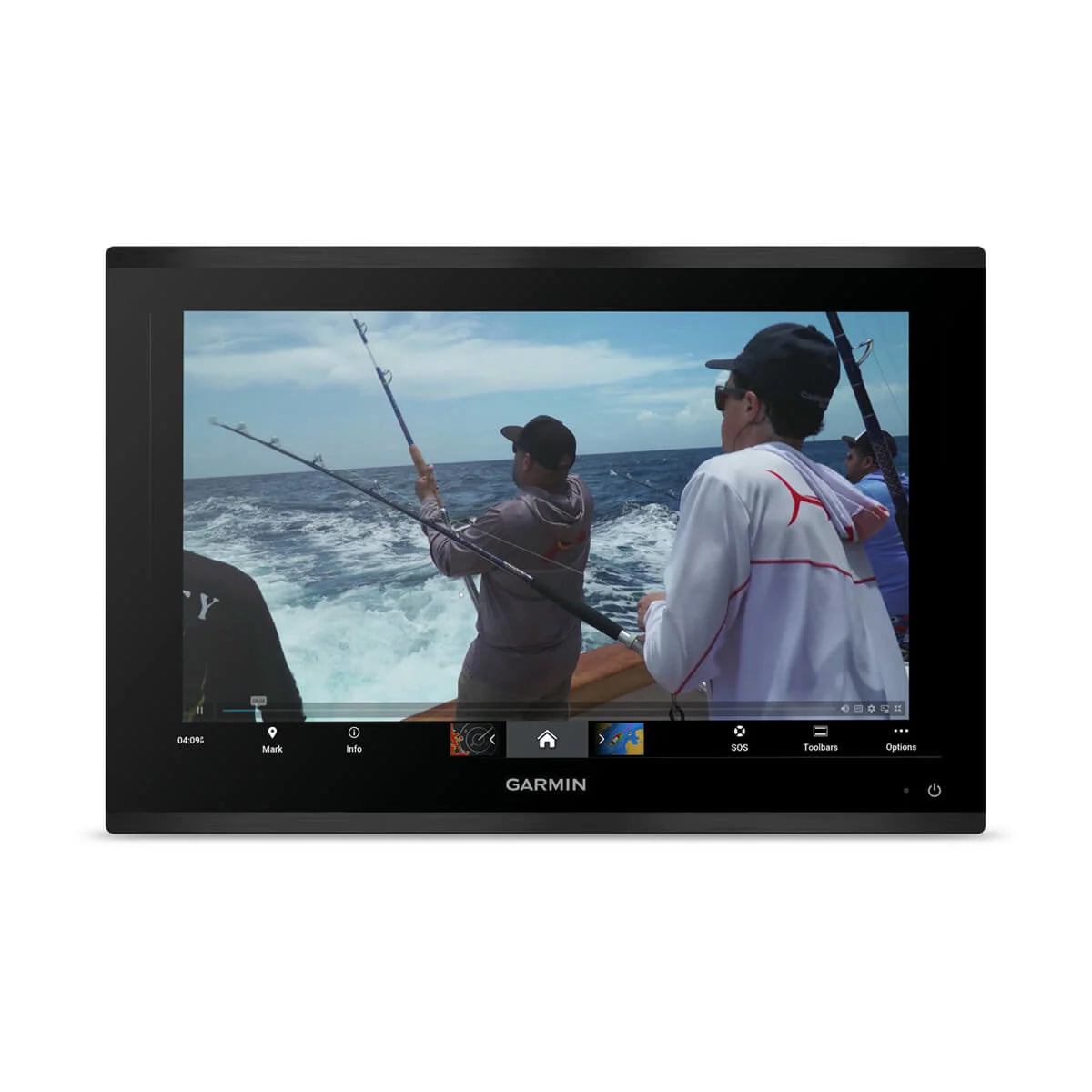 Garmin display showing a fishing scene with two people on a boat.