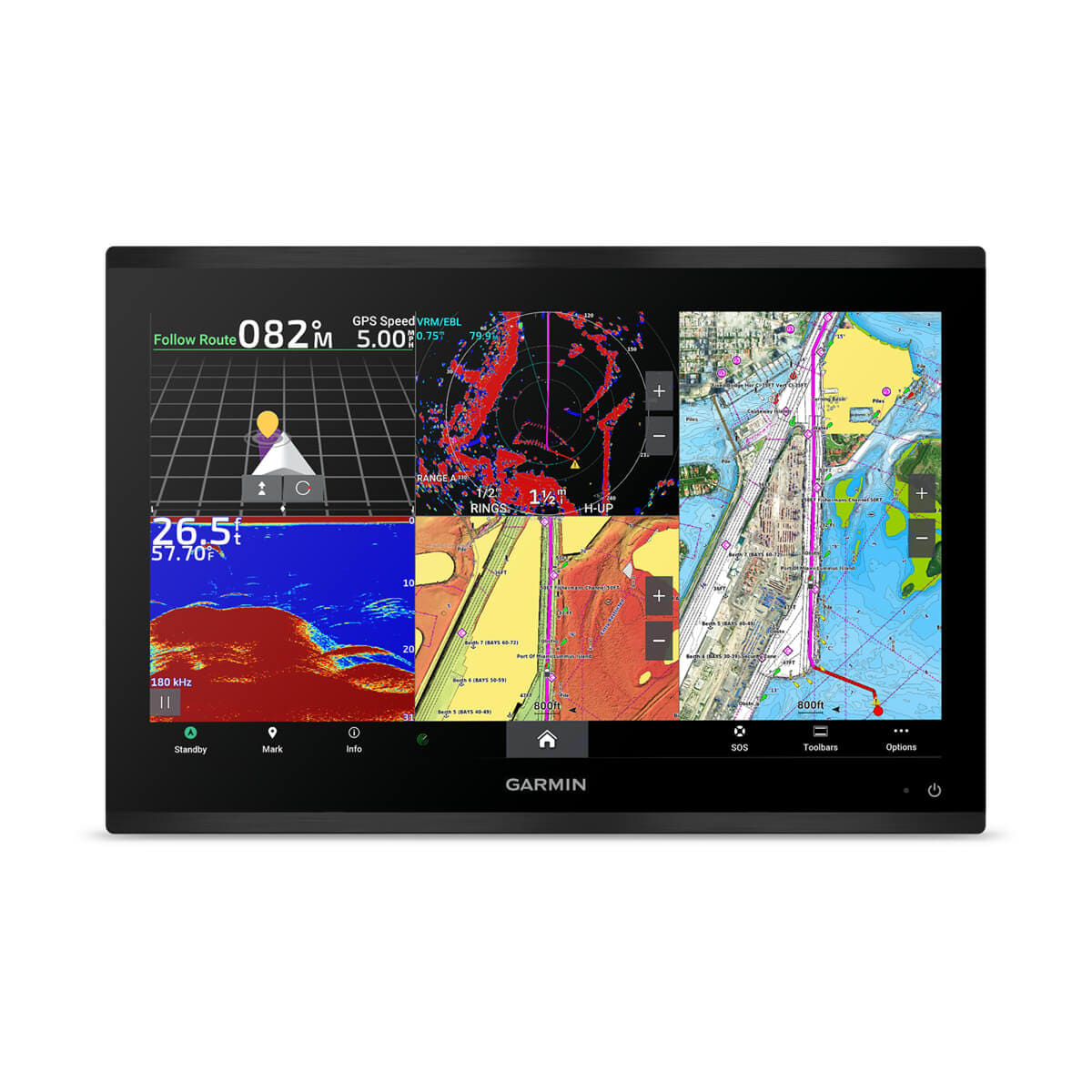 Garmin marine navigation display with multiple screens on a white background