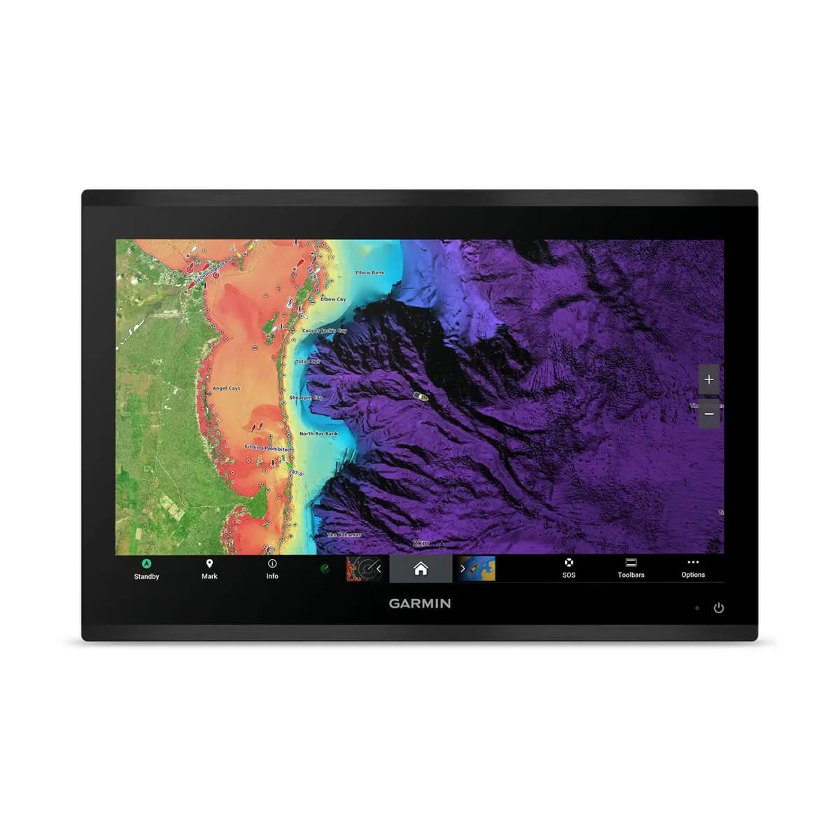 Garmin GPS device screen displaying a map with colorful topographic features