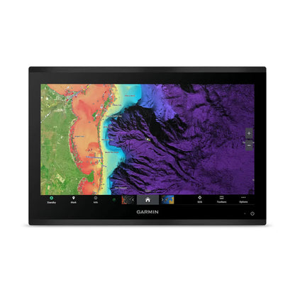 Garmin GPS device screen displaying a map with colorful topographic features