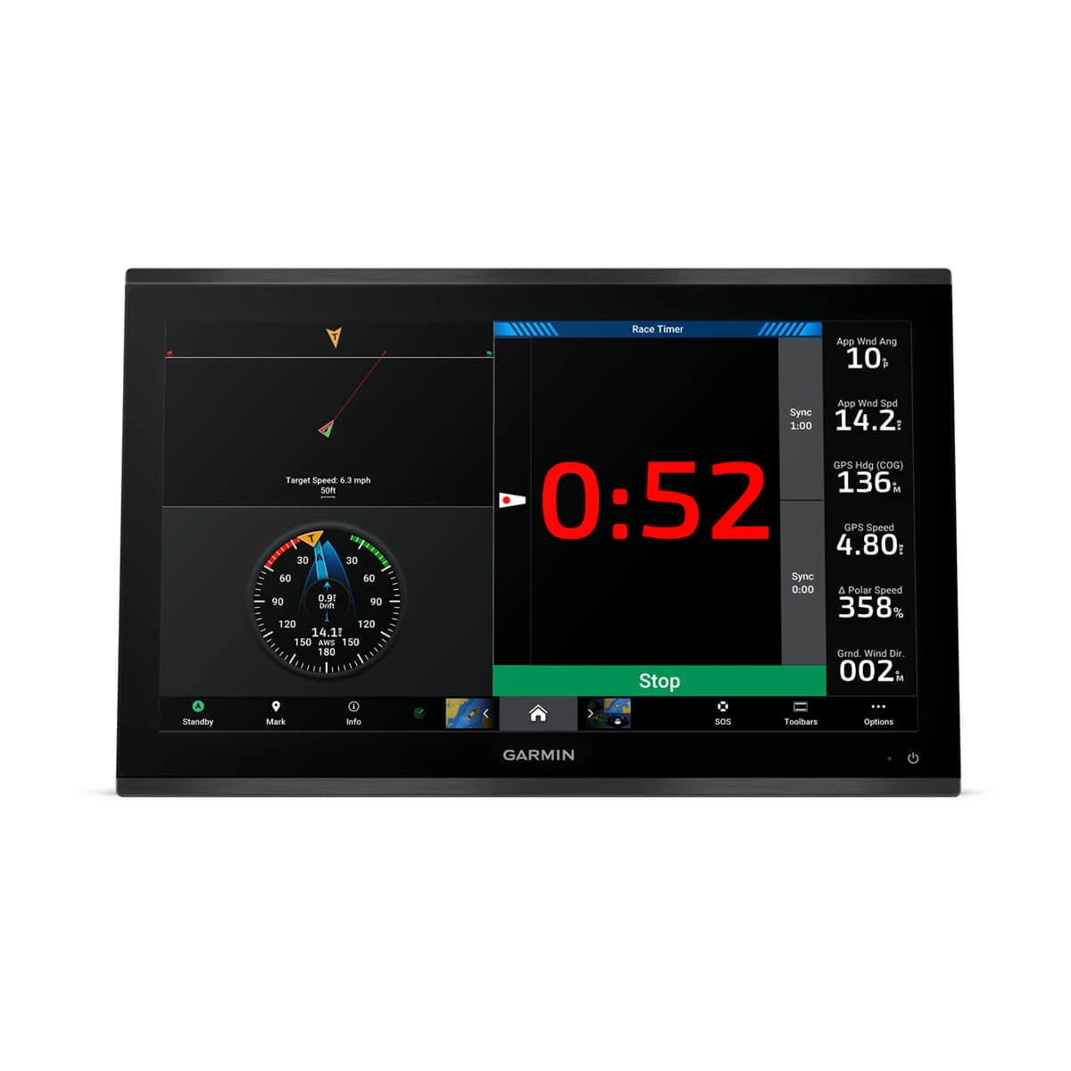 Garmin marine display with digital clock and various gauges