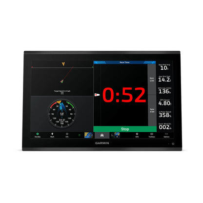 Garmin marine display with digital clock and various gauges