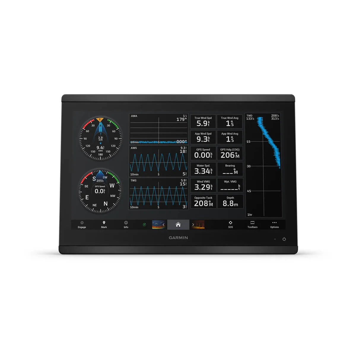 Garmin marine display with various gauges and information