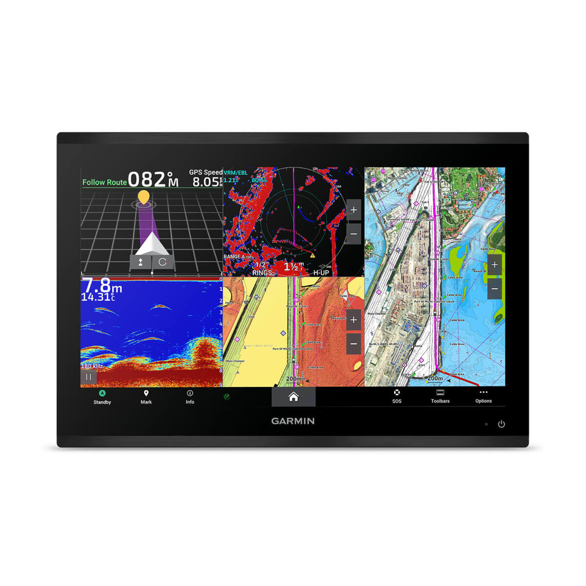 Garmin marine navigation display with various maps