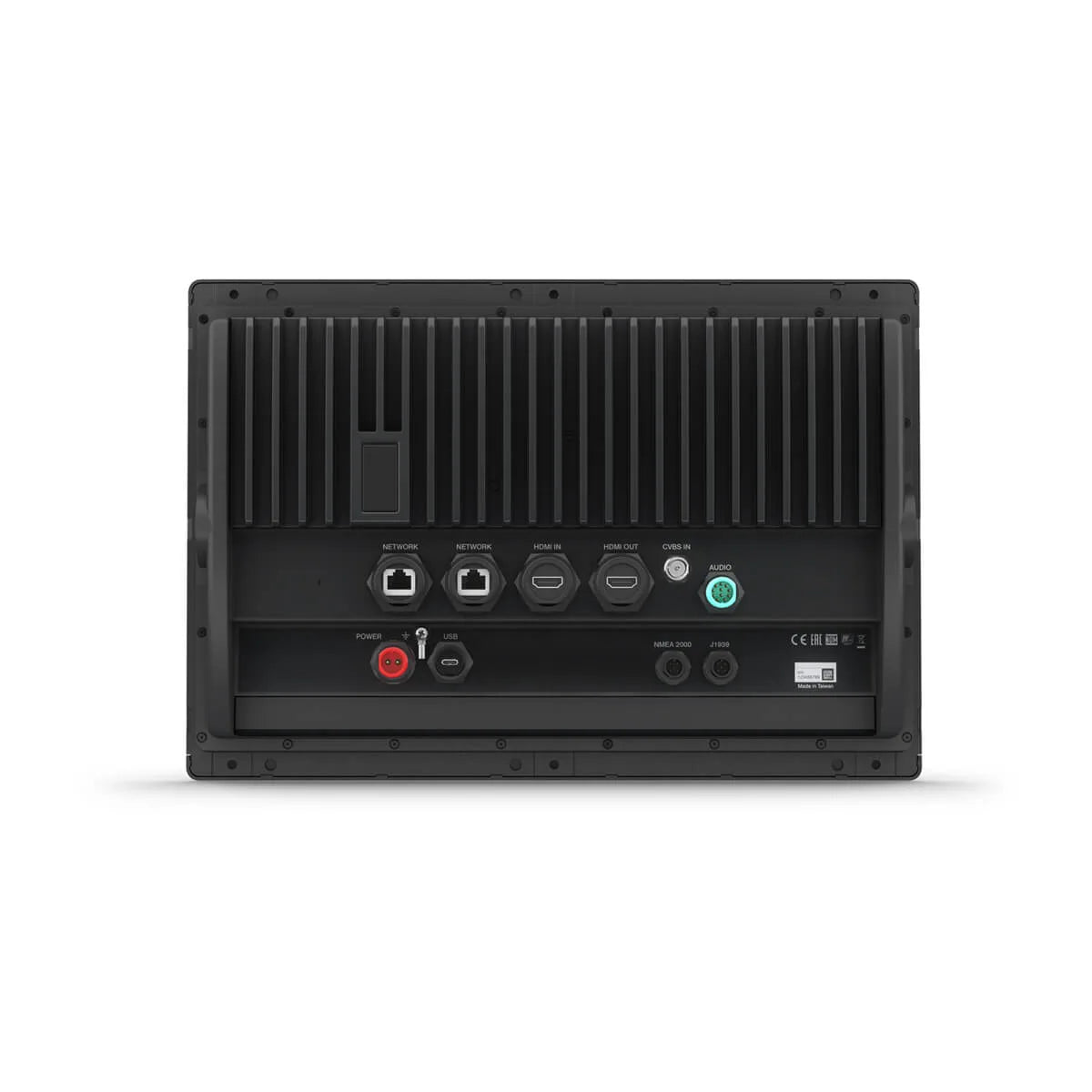 Black electronic device with various ports on a white background