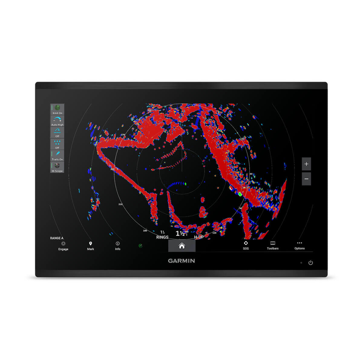 Garmin marine chartplotter with radar display on a white background