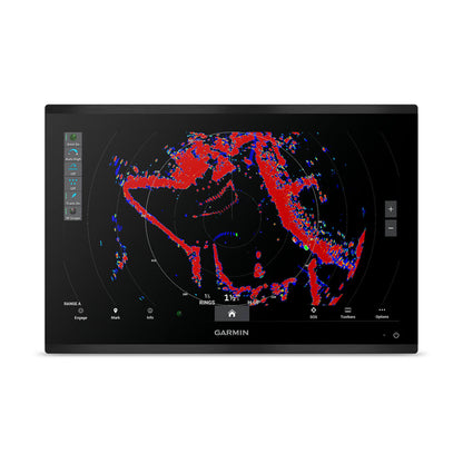 Garmin marine chartplotter with radar display on a white background