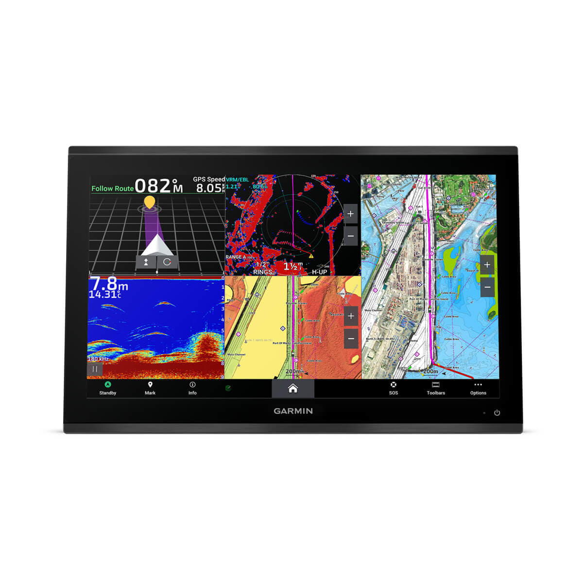 Garmin marine navigation display with maps and sonar on a white background