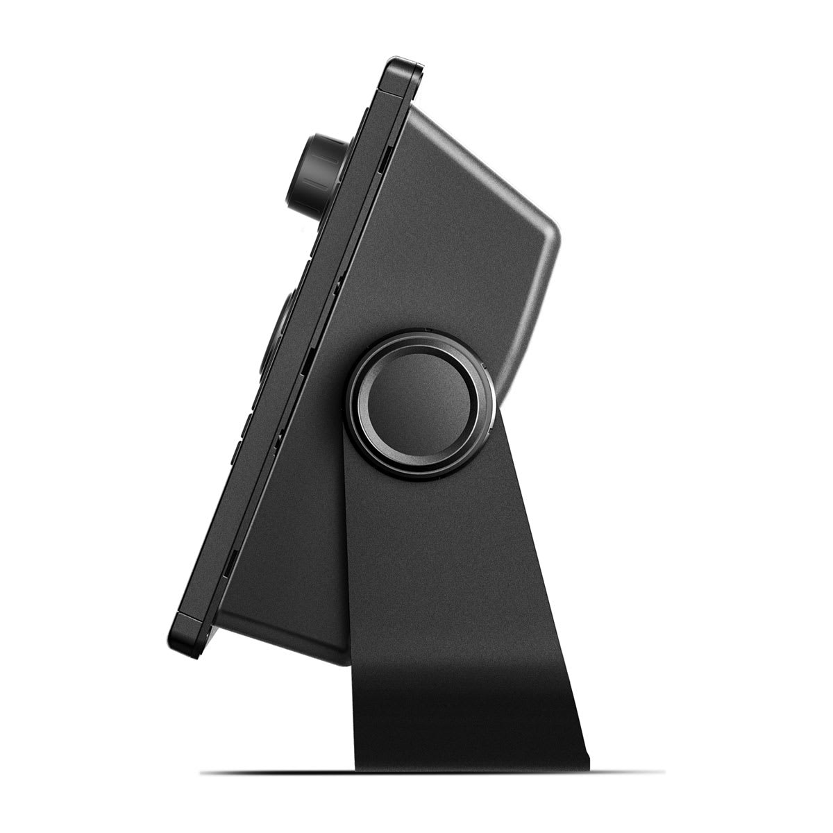 Black phone stand with a unique design