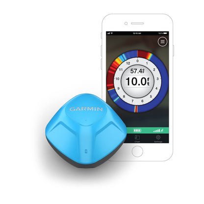 Blue Garmin device next to a smartphone 