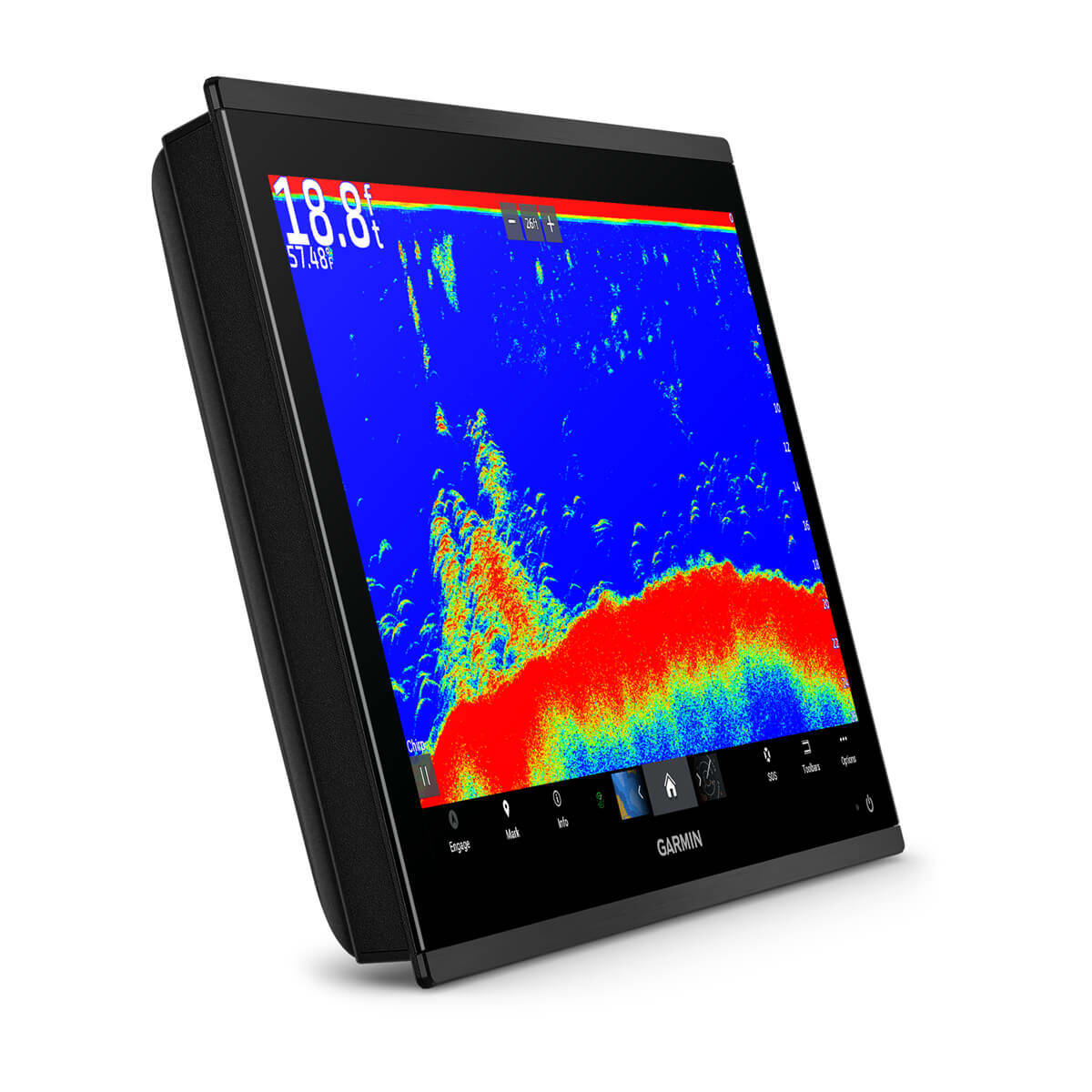 Garmin fishfinder with colorful display on a white background