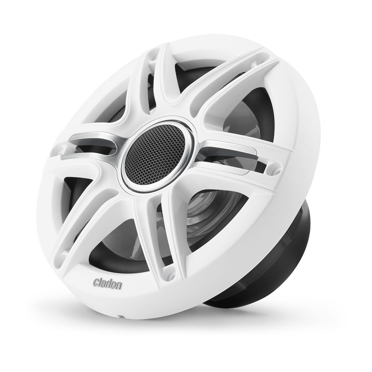 White car speaker with Cladon branding