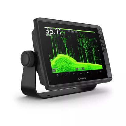 Garmin fishfinder with screen displaying sonar graphics