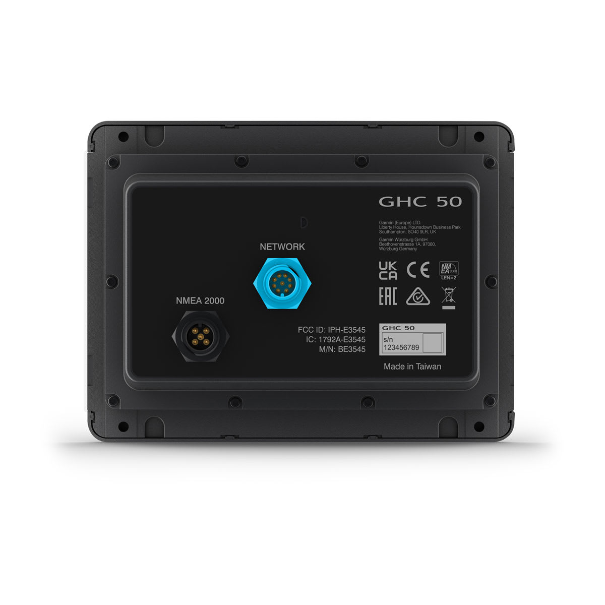 Back view of a black electronic device labeled 'GHC 50' 