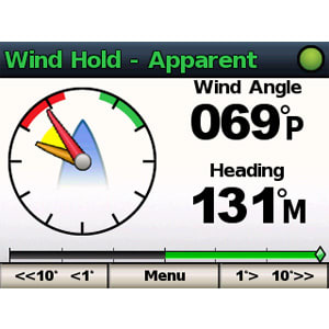 Display of wind hold, apparent wind angle, and heading on a screen.