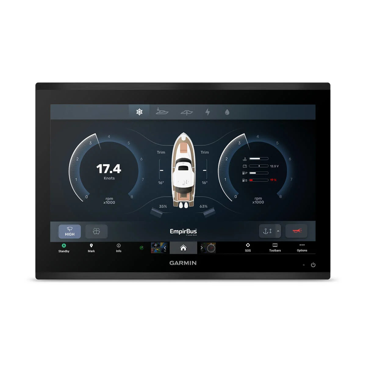 Garmin marine display with dashboard interface on a white background