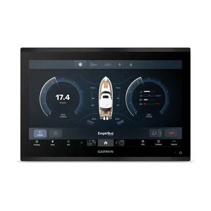 Garmin marine display with dashboard interface on a white background