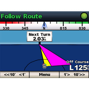 Nautical navigation display with 'Follow Route' and 'Next Turn' information.